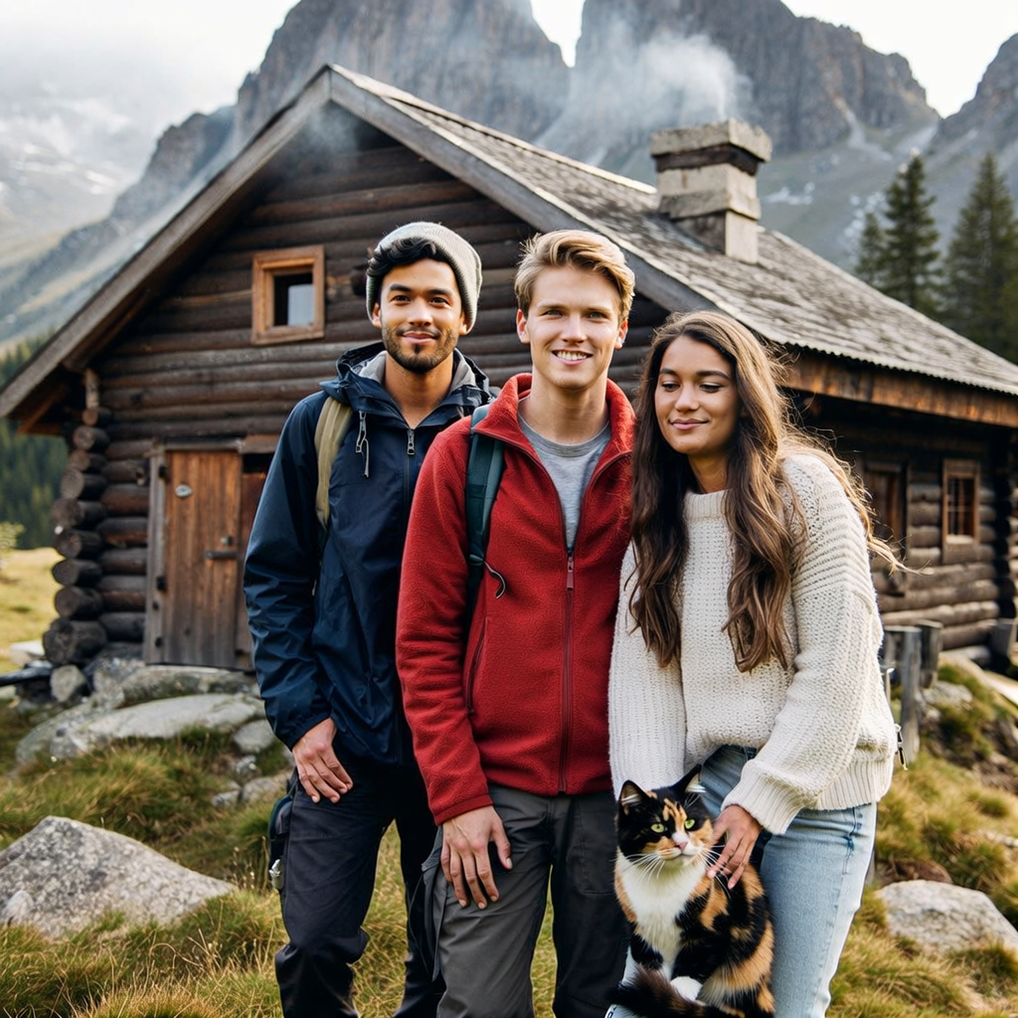 Zwei Männer, eine Frau und eine Katze vor einer Berghütte aus dunklem Holz. Dahinter ein hoher Berg. KI-generiert.