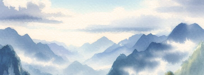 Aquarellbild mit Himmel und Bergen.
KI-generiert.