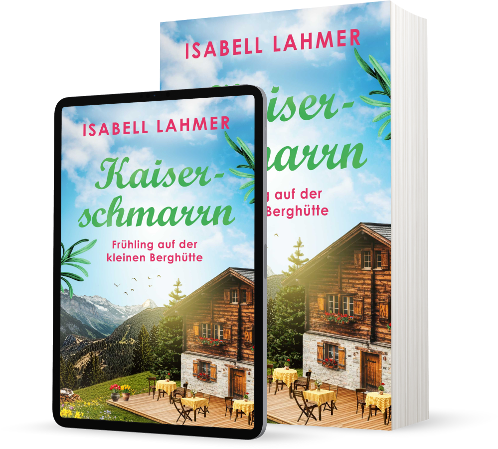 Man sieht ein Taschenbuch und ein Tablet mit dem Cover von "Kaiserschmarrn - Frühling auf der kleinen Berghütte".
Das Cover zeigt eine rustikale Berghütte auf einer Wiese mit einer Terrasse, auf der Tische mit gelben Tischdecken stehen.
Im Hintergrund erheben sich hohe Berge, der Himmel hat leichte Wolken.
Die Stimmung ist angenehm-harmonisch.